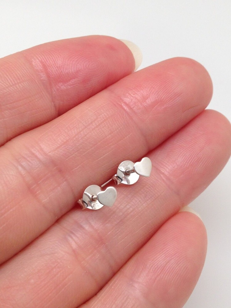 925 Sterling Silver THIN Heart Stud Earrings Dainty Mini Plain Studs 3.5mm