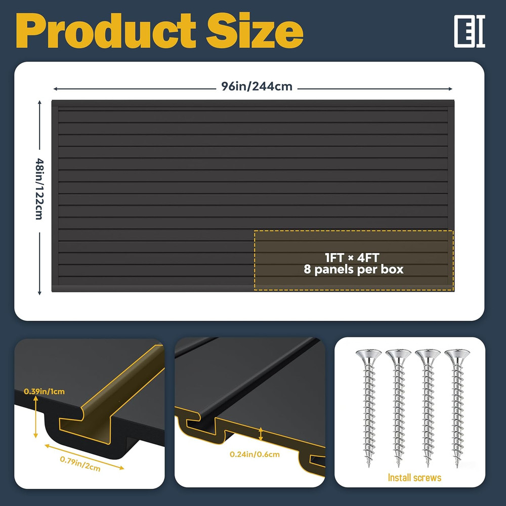 Black PVC Slat Wall Panel 4x8ft - Garage Tool Organizer & Storage System