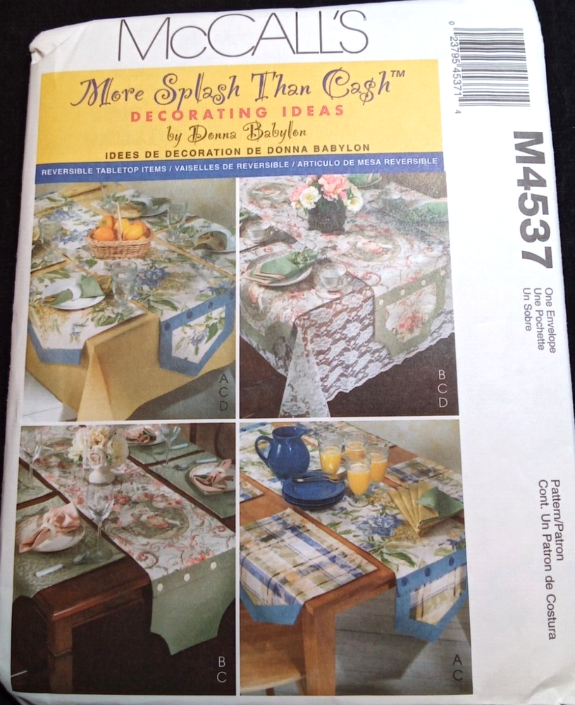 McCALL'S Home Decor Pattern M4537 OSZ Reversible Tablecloth Runner Placemats