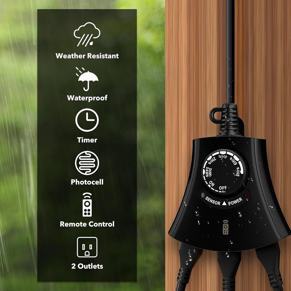 HBN Outdoor Light Timer W/ Remote Control,Waterproof Light Sensor Timer 3-Outlet