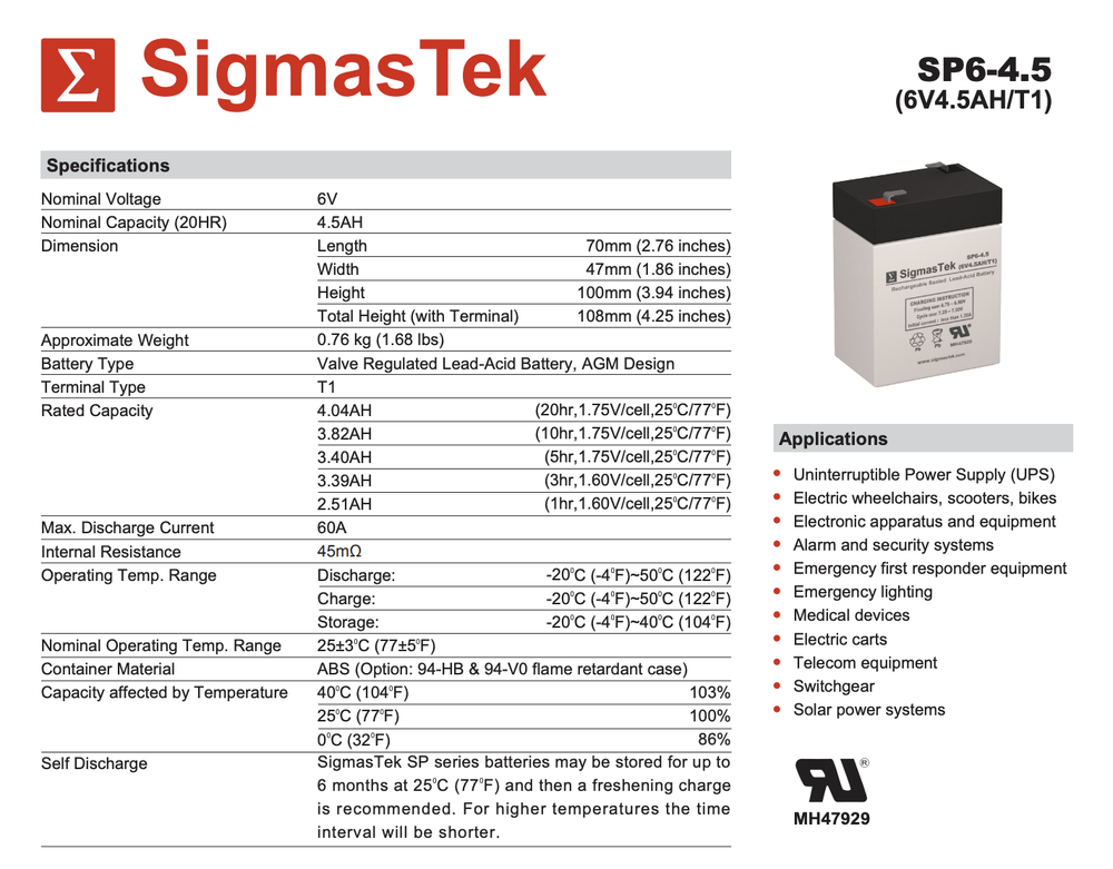 SigmasTek 6V 4.5AH Battery Replacement for ML4-6