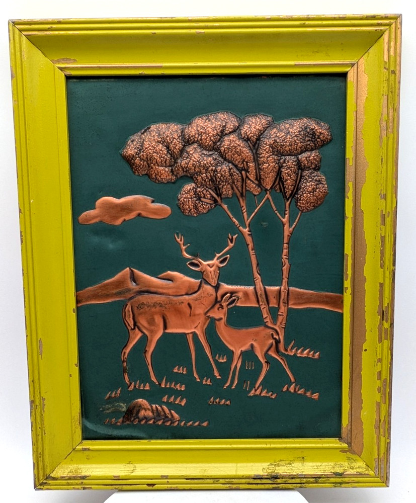 Vintage Hammered Copper Deer & Fawn Framed Artwork Rustic Chippy Frame
