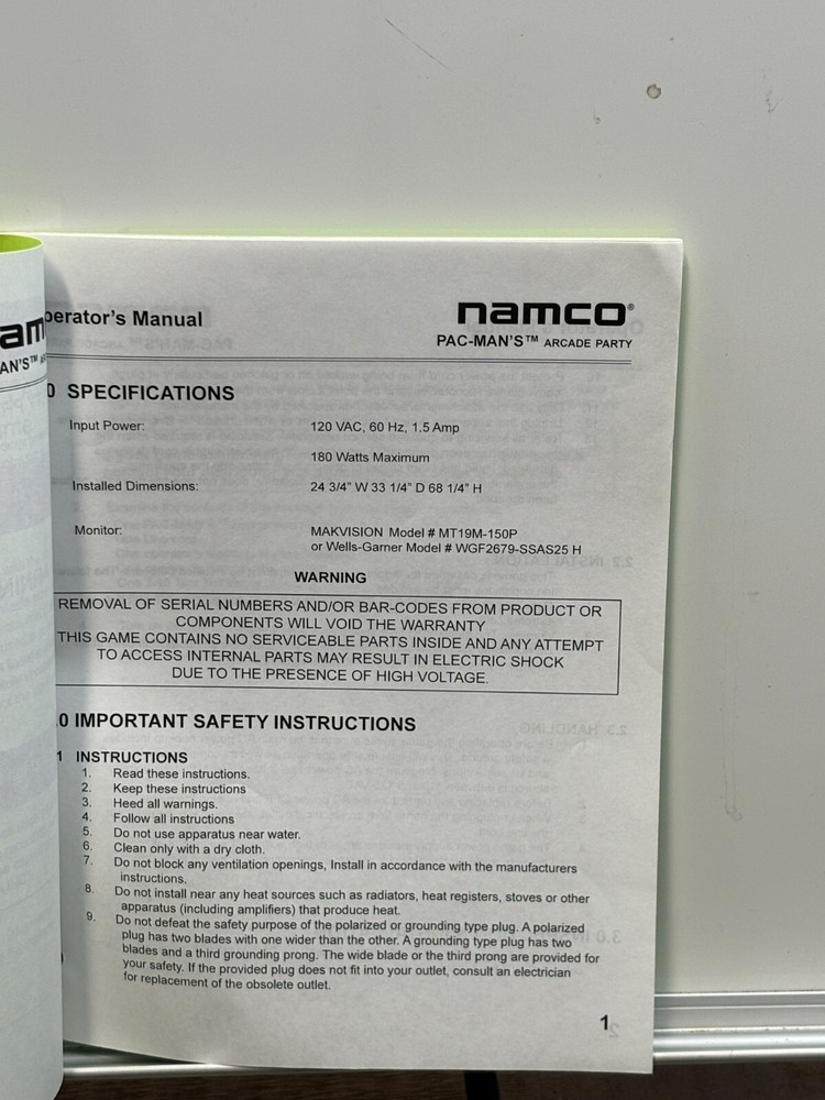 ORIGINAL-NAMCO-PAC MAN'S ARCADE PARTY-OPERATORS MANUAL