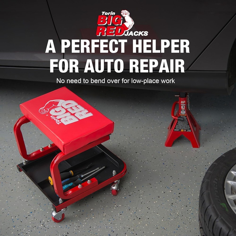 Red Rolling Creeper Seat - Heavy-Duty Mechanic Stool with Efficient Tool Storage