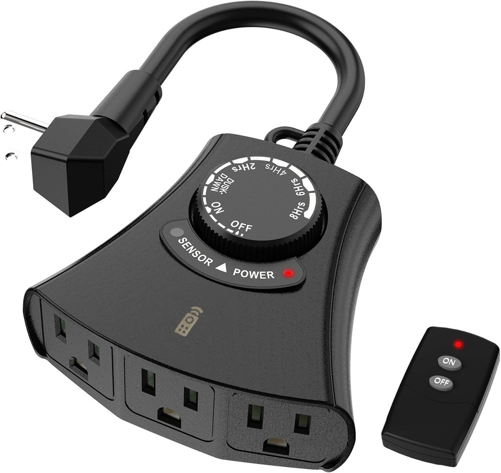 HBN Outdoor Light Timer W/ Remote Control,Waterproof Light Sensor Timer 3-Outlet
