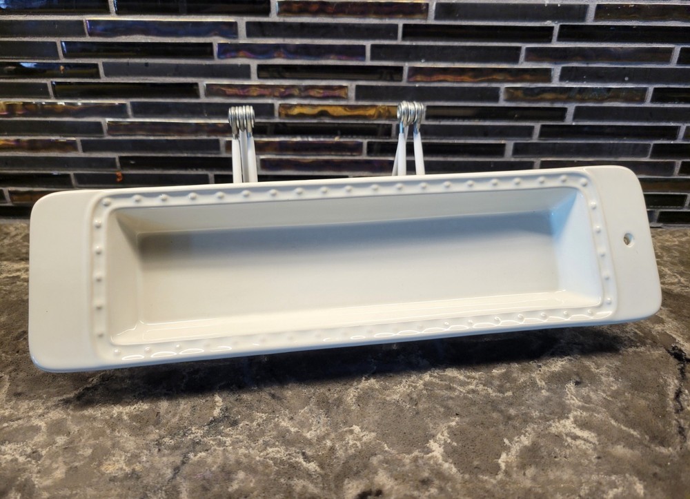 NORA FLEMING STONEWARE CRACKER TRAY 12" WHITE PEARL DOT RECTANGLE SERVING DISH