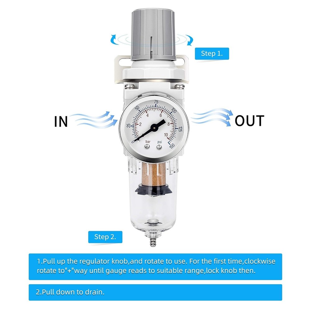 5 Micron Brass Element Air Filter/Regulator Combo with Poly Bowl & Metal Bracket