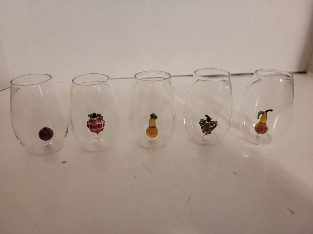 Hand Blown Delicate 5 Shot Glasses with Fruit Inside MUST SEE