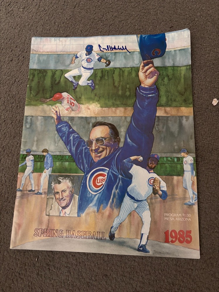 1985 Chicago Cubs spring training program vs Seattle-scored, autographed Hubbell