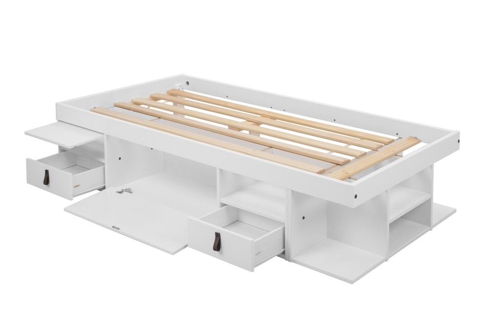 Memomad Bali Bed - Twin Size Storage Platform Bed Frame with Drawers (White)