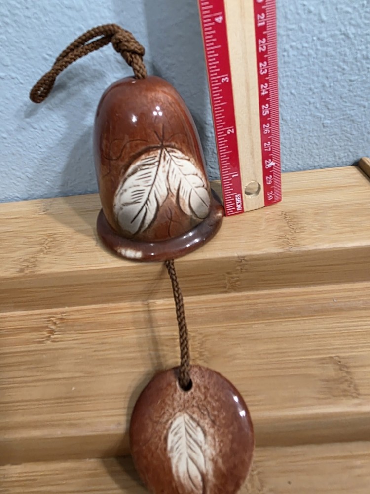 Handmade Ceramic Bell Wind Chime Feather Design Brown Pottery Art Boho Garden