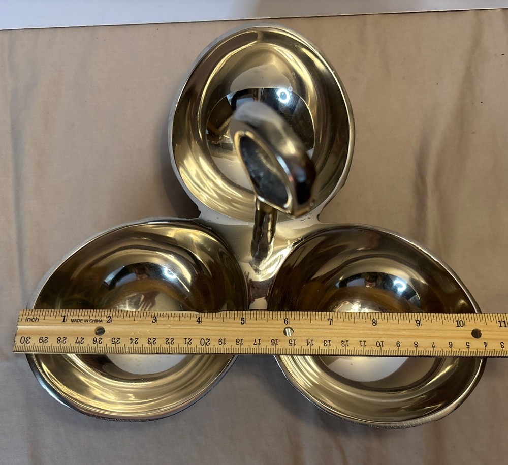 White Brass 3 Section Serving Dish w/ Handle Made in India