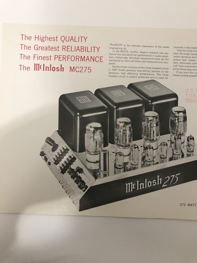 Mcintosh 275 Amplifier brochure/spec sheet