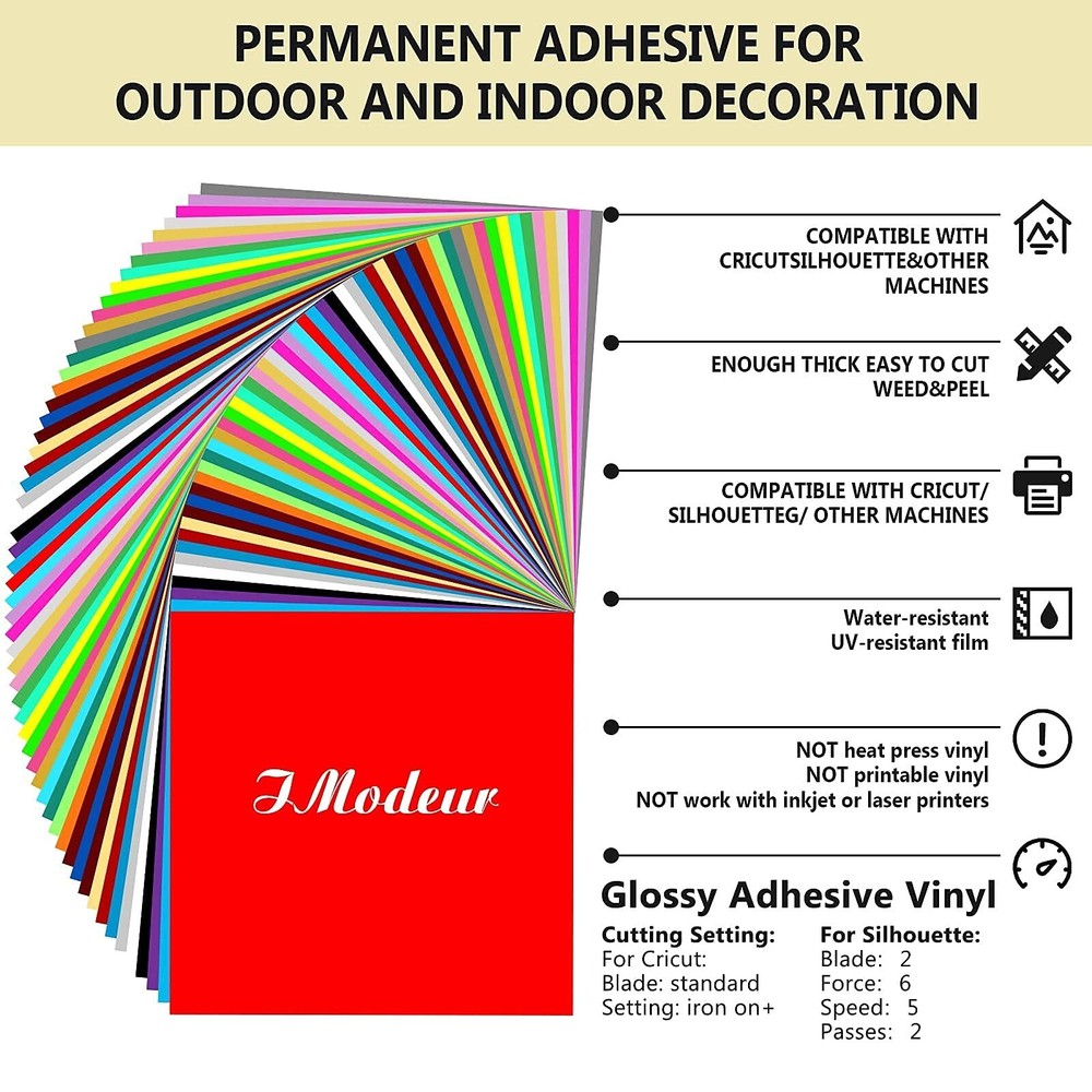 IModeur Permanent Adhesive Vinyl Sheets (75 Packs, 12"x12") - 38 Assorted Col...