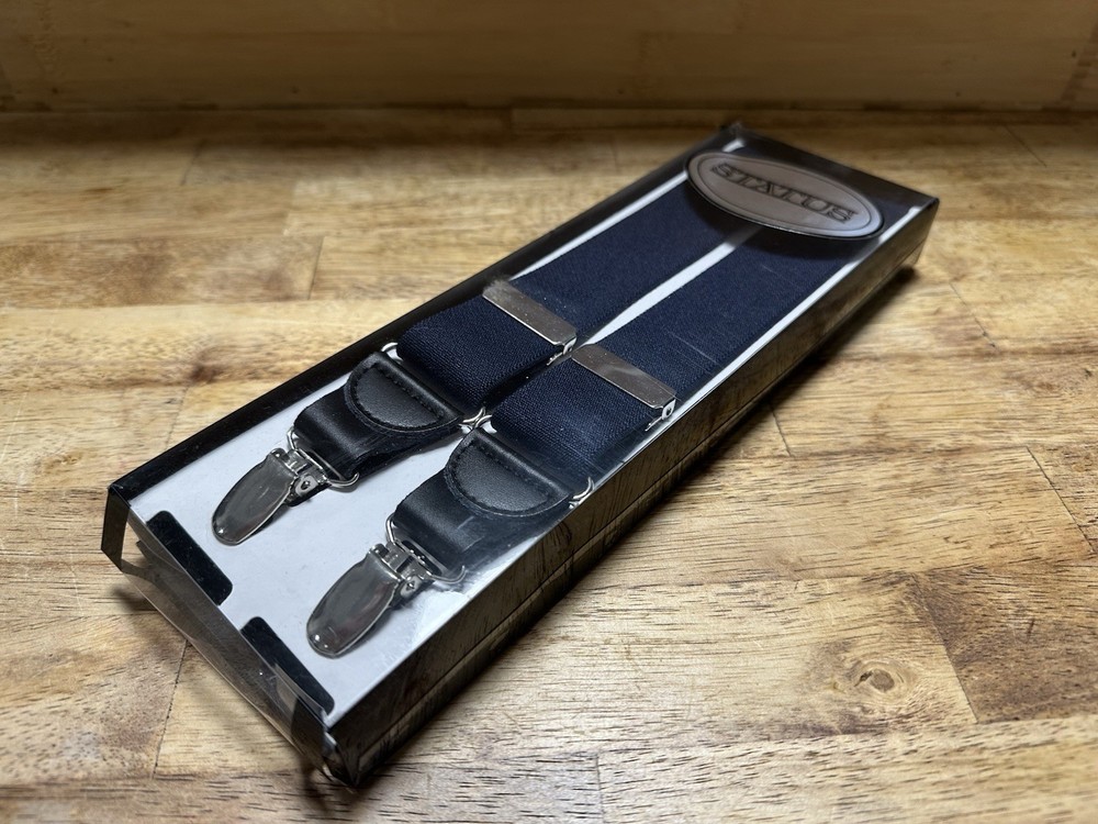 Status X Long Drop Clip Suspenders Navy Elastic Nickel Hardware