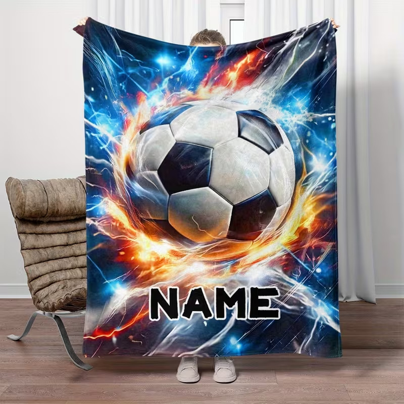 Personalized Soccer Theme Flannel Blanket Custom Name Cozy Sofa Throw
