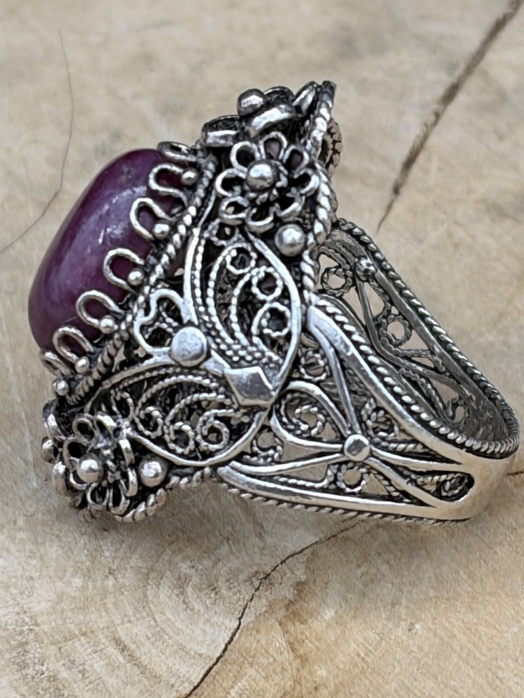 Sterling Silver Ruby Zoisite Filigree Ornate Ring Size 8 Turkey Signed DGS