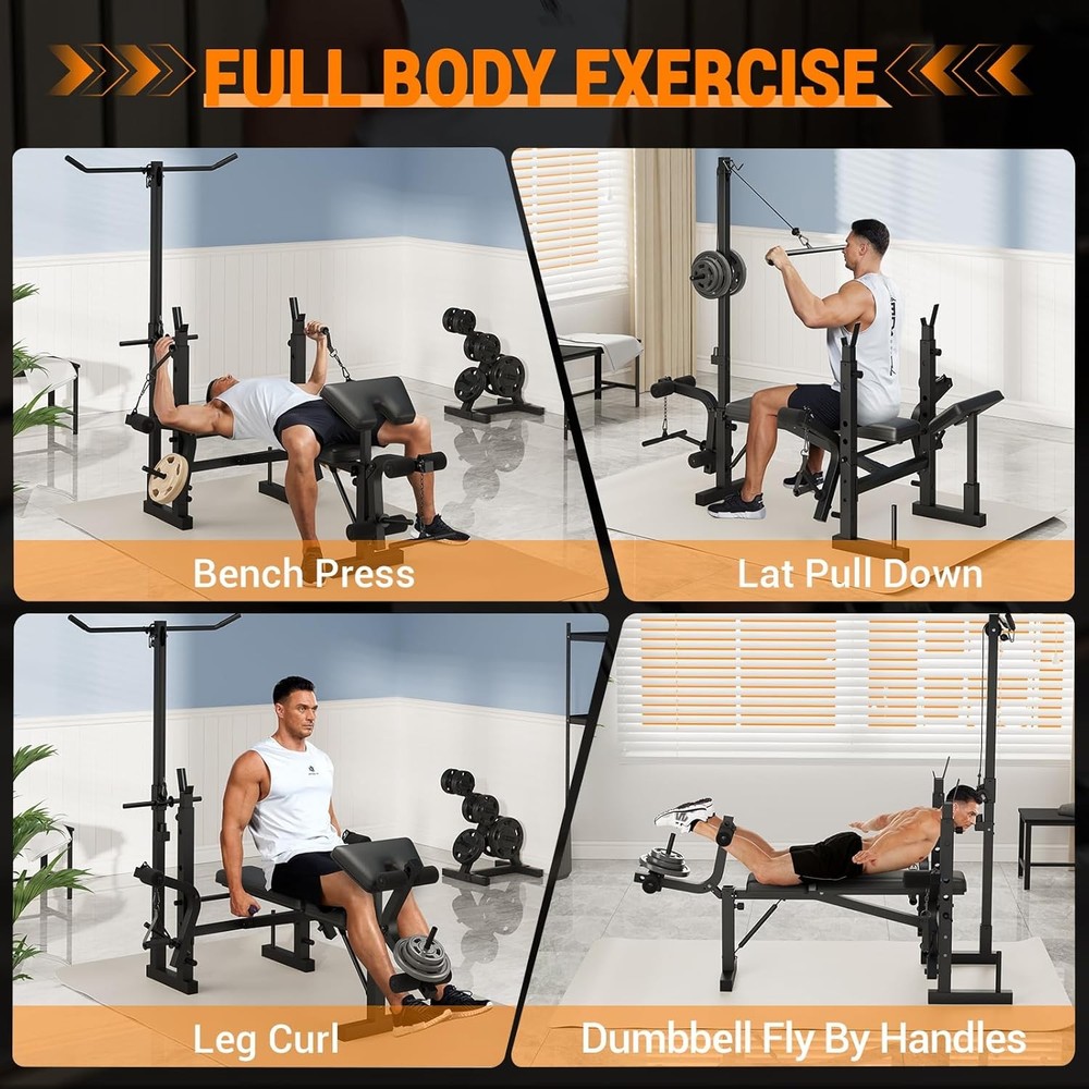 7-in-1 Adjustable Weight Bench with Squat Rack,Lat Pulldown & Leg Extension Home