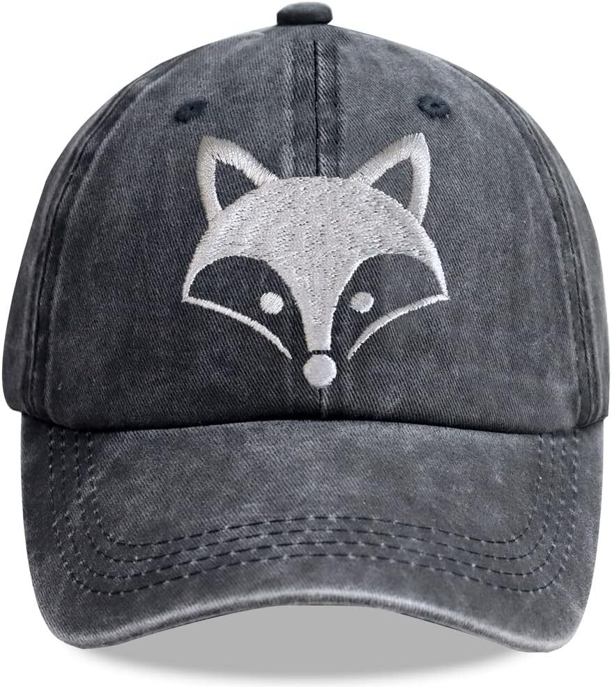Animal Fox Head Hat, Adjustable Washed Cotton One Size, Embroidered Black