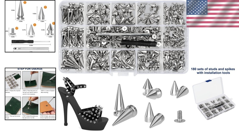 Versatile 360 Pcs Punk Style Spikes and Studs Kit for Ultimate DIY Projects