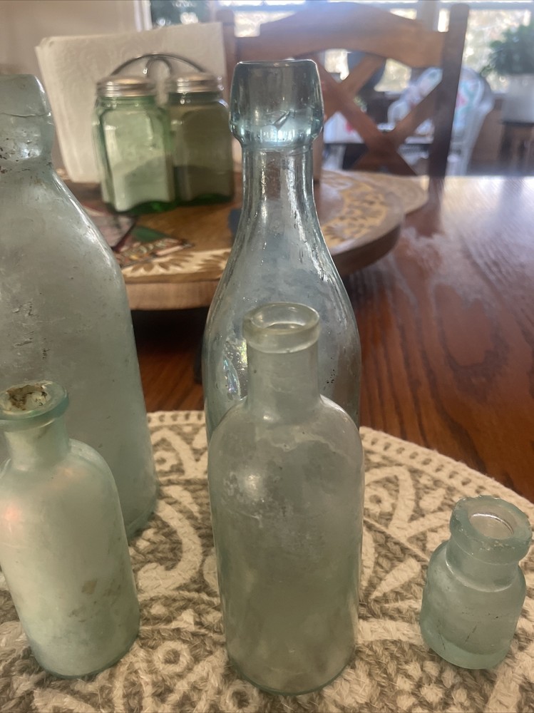 6 Vintage Blue Green Bottles