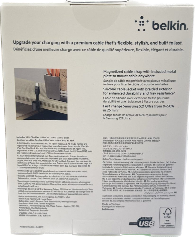 NEW Belkin BoostCharge Pro Flex USB-C Cable W/USB-C Connector Cable + Strap 10FT