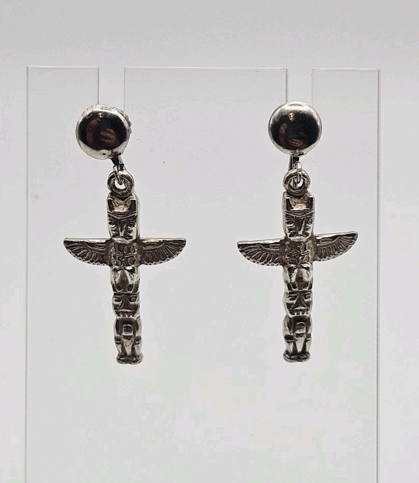 Sterling Silver Vintage Thunderbird Totem Pole Screw Back Dangle Earrings