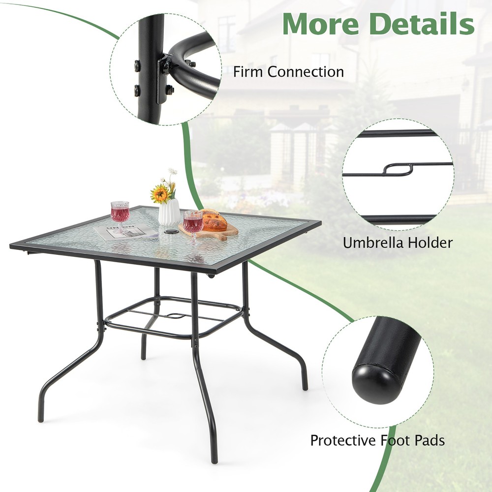 35" Patio Dining Table Square Dining Table w/Tempered Glass Tabletop Black