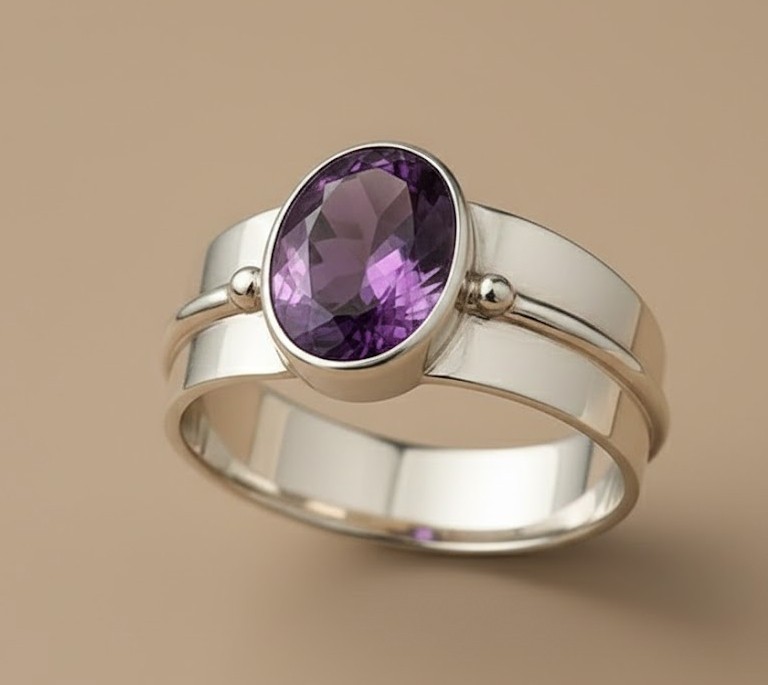 Solid 925 Sterling Silver Natural Amethyst Oval Gemstone Wide Band Handmade Ring