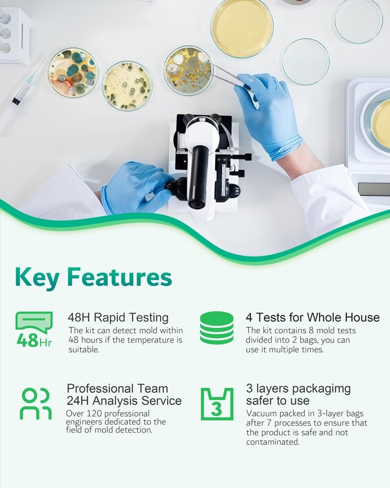 Complete Home Mold Kit with 8 Tests, Guide & Lab Support - Safe & Easy