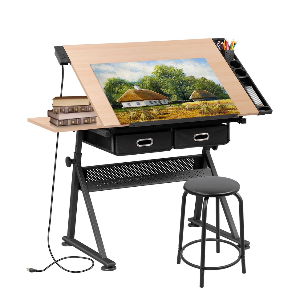 Adjustable Drafting Drawing Tiltable Table & Stool w/ 2 Drawers & Outlet Natural