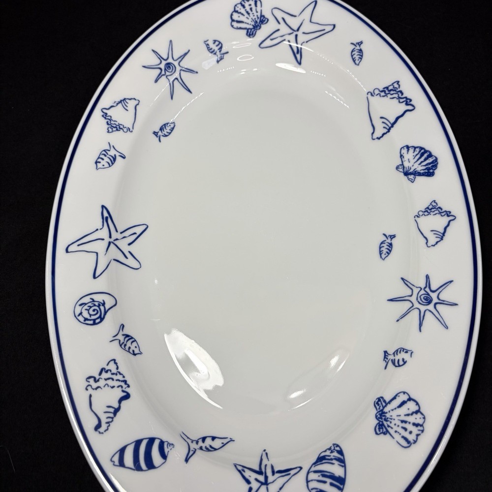 Serving Platter Elliot Bay Pattern White With Blue Seashell Fish & Trim 15”