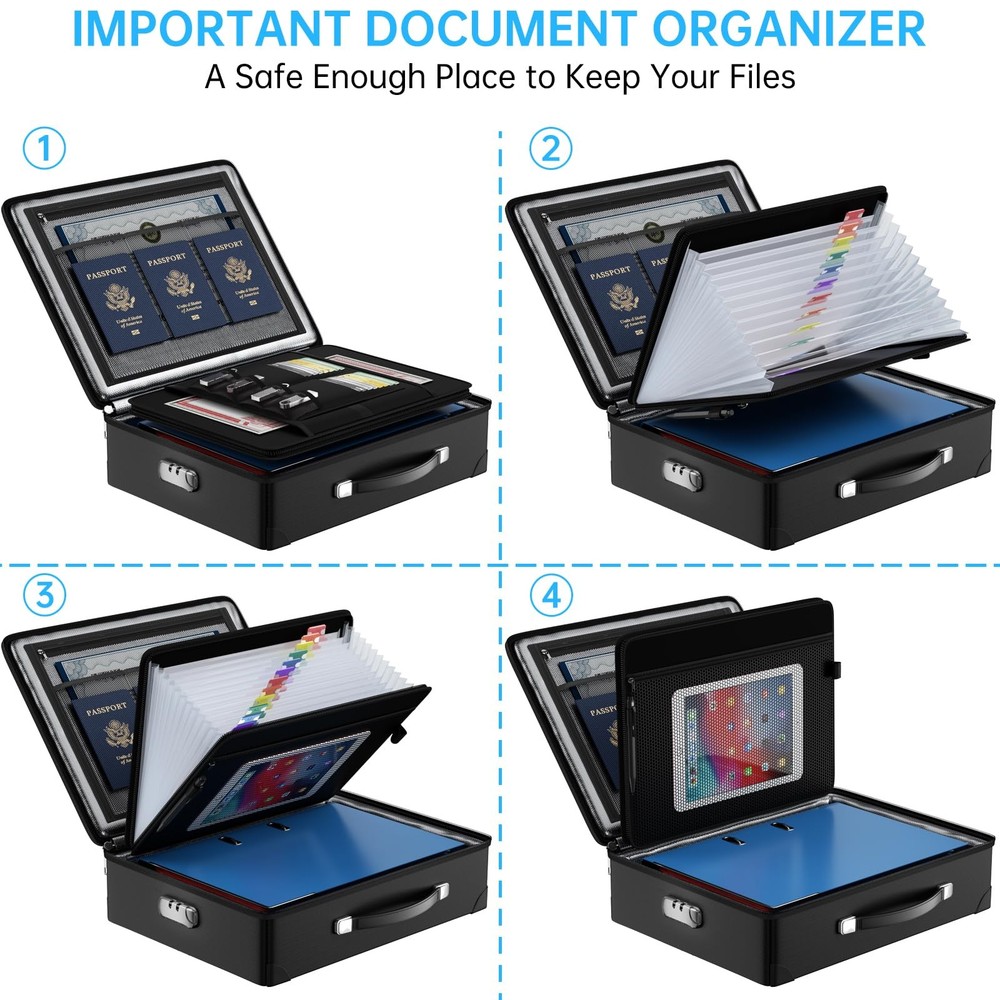 Fireproof Document Box with lock, File Organizer with Fireproof Zipper, Hard ...