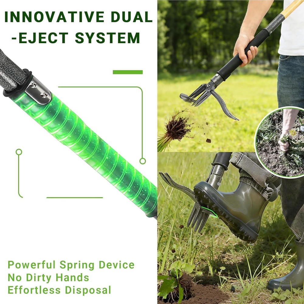 Heavy Duty Weed Puller 43.5" Bamboo Handle 4-Claw Dual-Eject + Leaf Bag