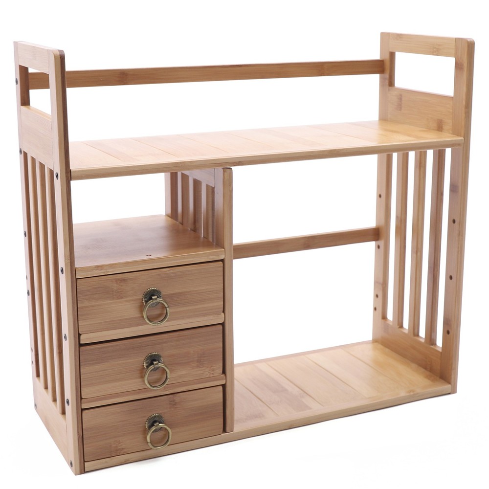 Bamboo Desktop Bookshelf Organizer, Adjustable Office Desk Storage Shelf Rack