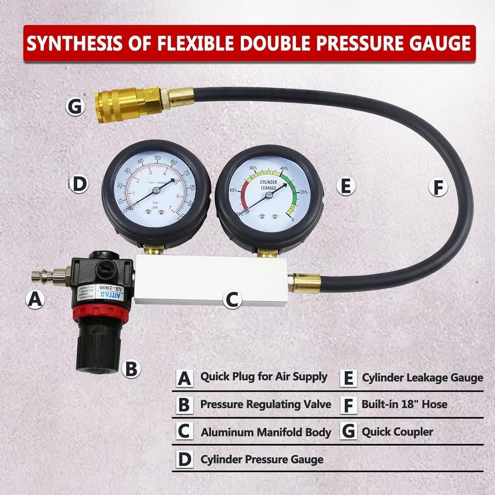 Cylinder Leak Down Tester, Petrol Engine Compression Leakage Detector Tool Kit