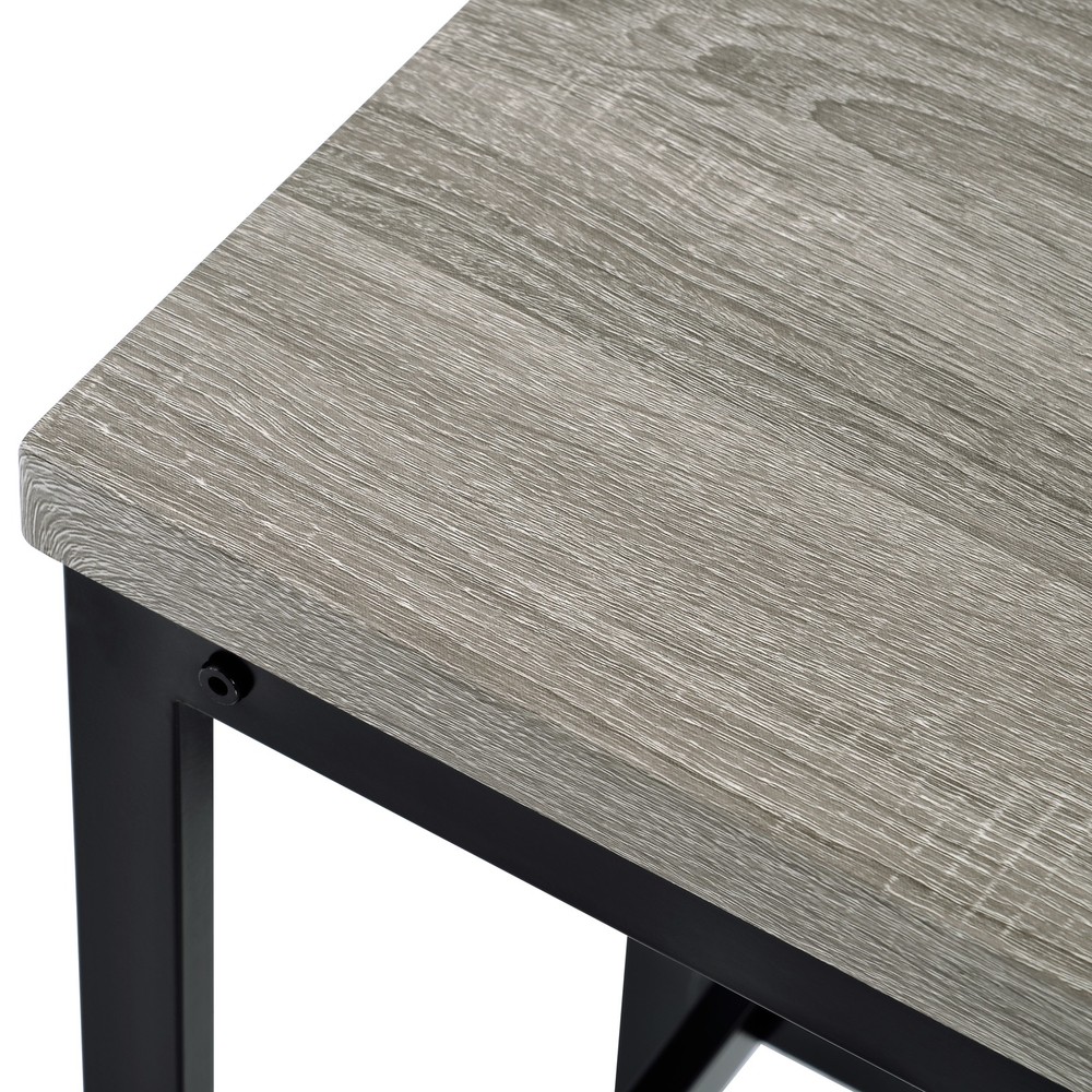 Three-piece set, long dining table with counter height and three stools, grey