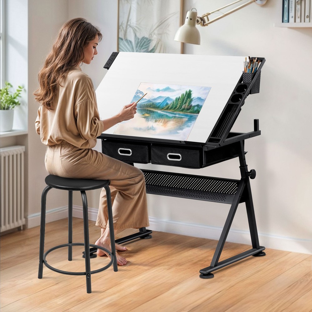 Adjustable Drafting Drawing Tiltable Table & Stool w/ 2 Drawers & Outlet White