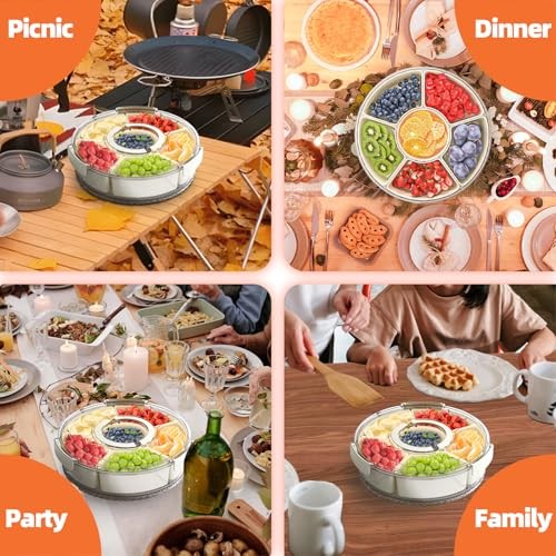 Divided Serving Tray with Lid and Handle, Stackable Snackle 12" L-1pcs (White)
