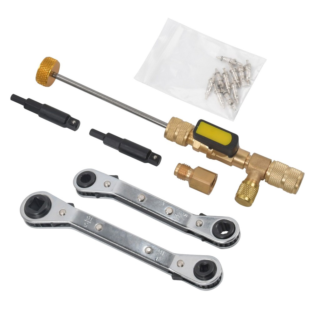 Valve Core Remover Installer Tool & HVAC Service Wrench with Hex Bit Adapter Kit