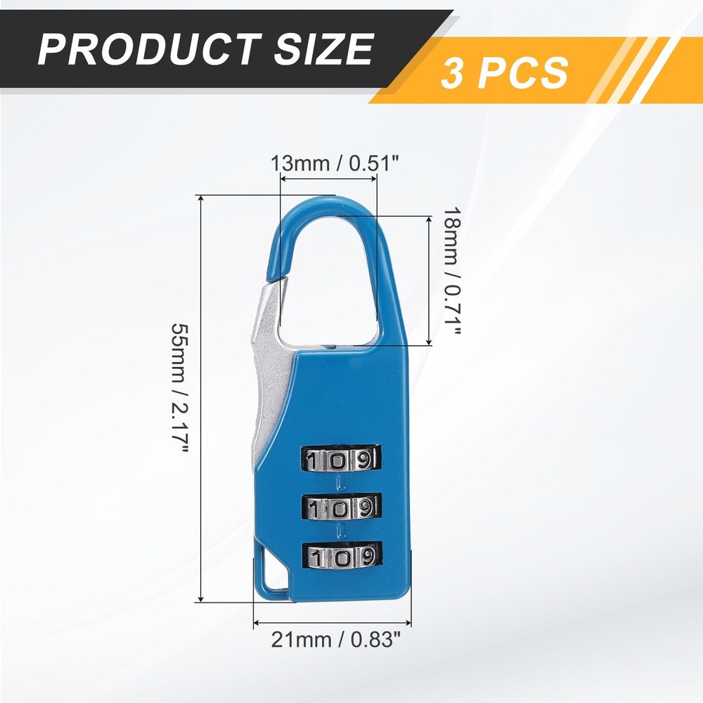 3Pcs Resettable 3 Digit Combination Lock Code Padlock, Sapphire (55 x 21mm)