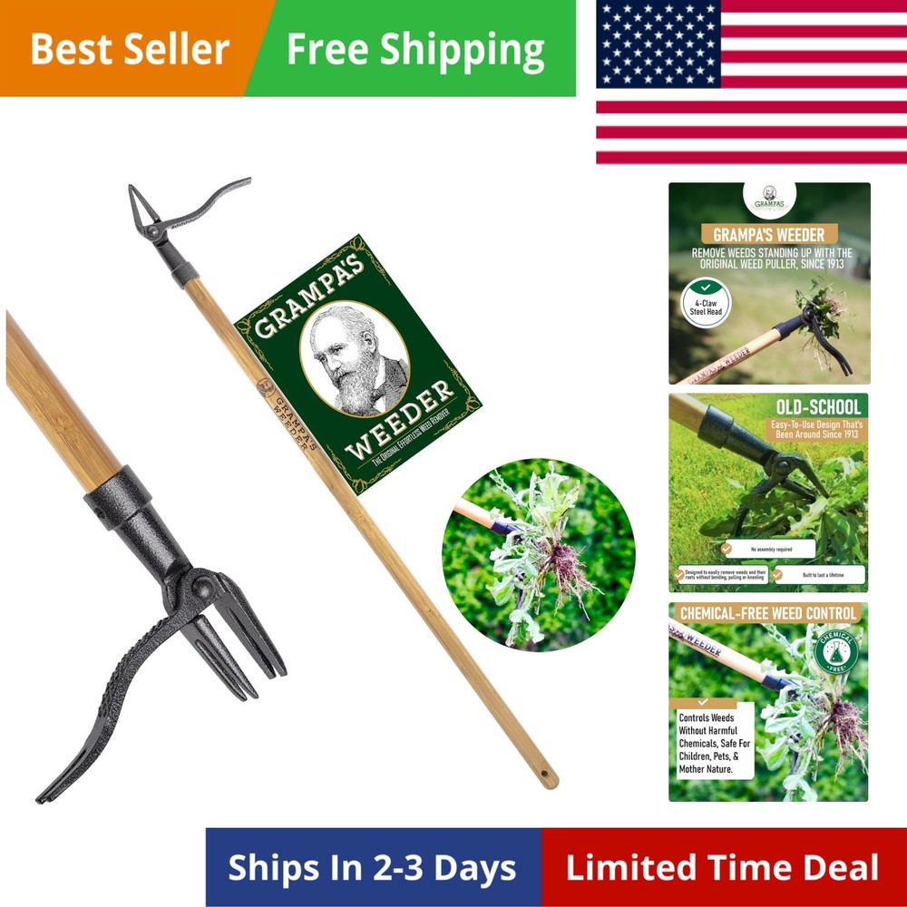 The  Stand Up Weed Puller Tool with Long Handle - Made with Real Bamboo & 4-C...