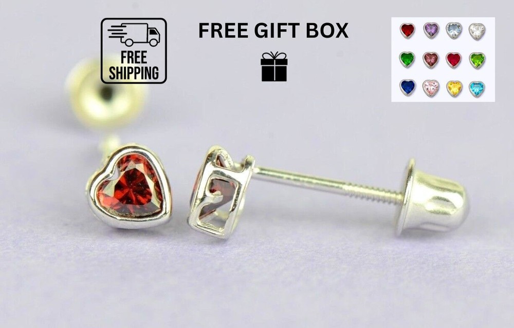14K Solid White Gold Heart Stud Earrings Birthstone 3MM X 3MM