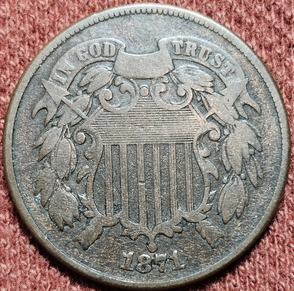 1871 Two Cent Copper Coin 2C Early US Type