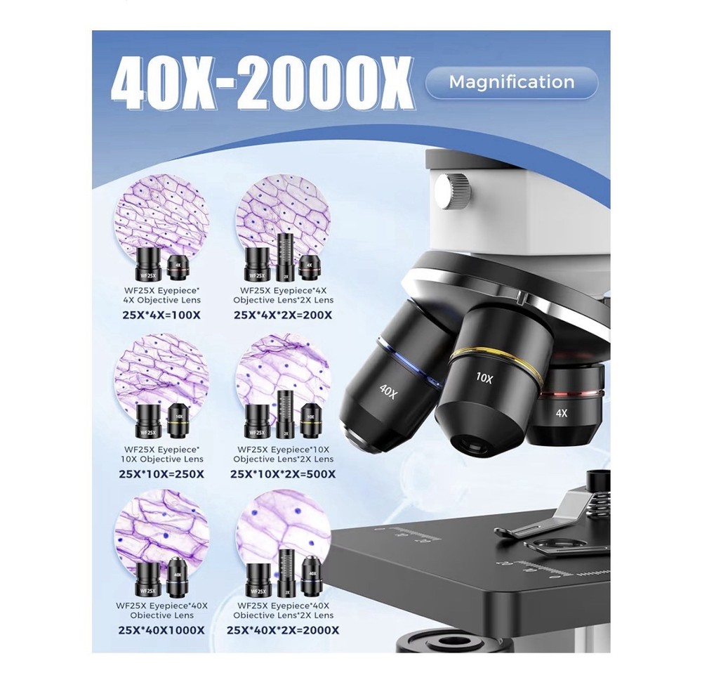 Microscope Kit 40X-2000X Magnification Educational Toy with Accessories & LED