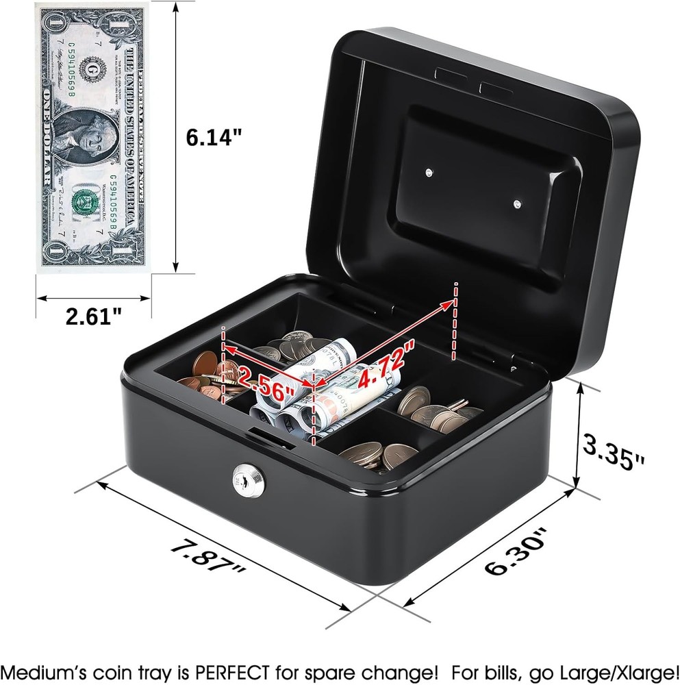 Durable Medium Cash Box with Key Lock & Removable Tray, Secure Black Storage