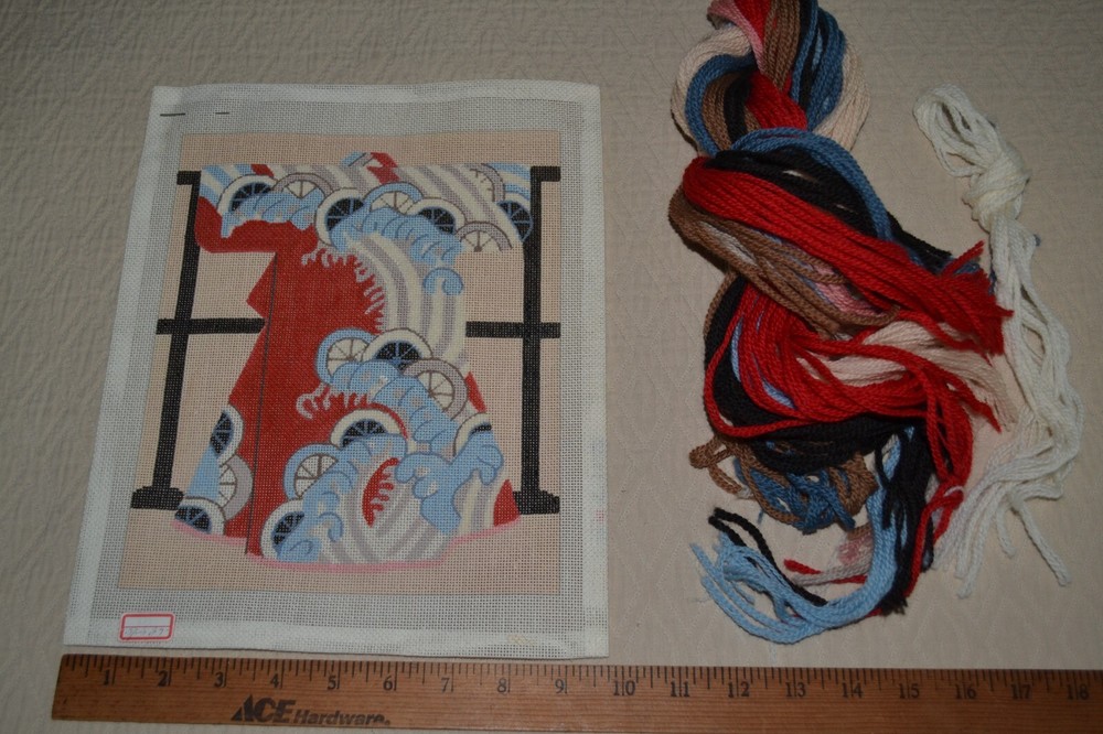 HP needlepoint canvas, 9.75" x 12", Japanese kimono pattern, started