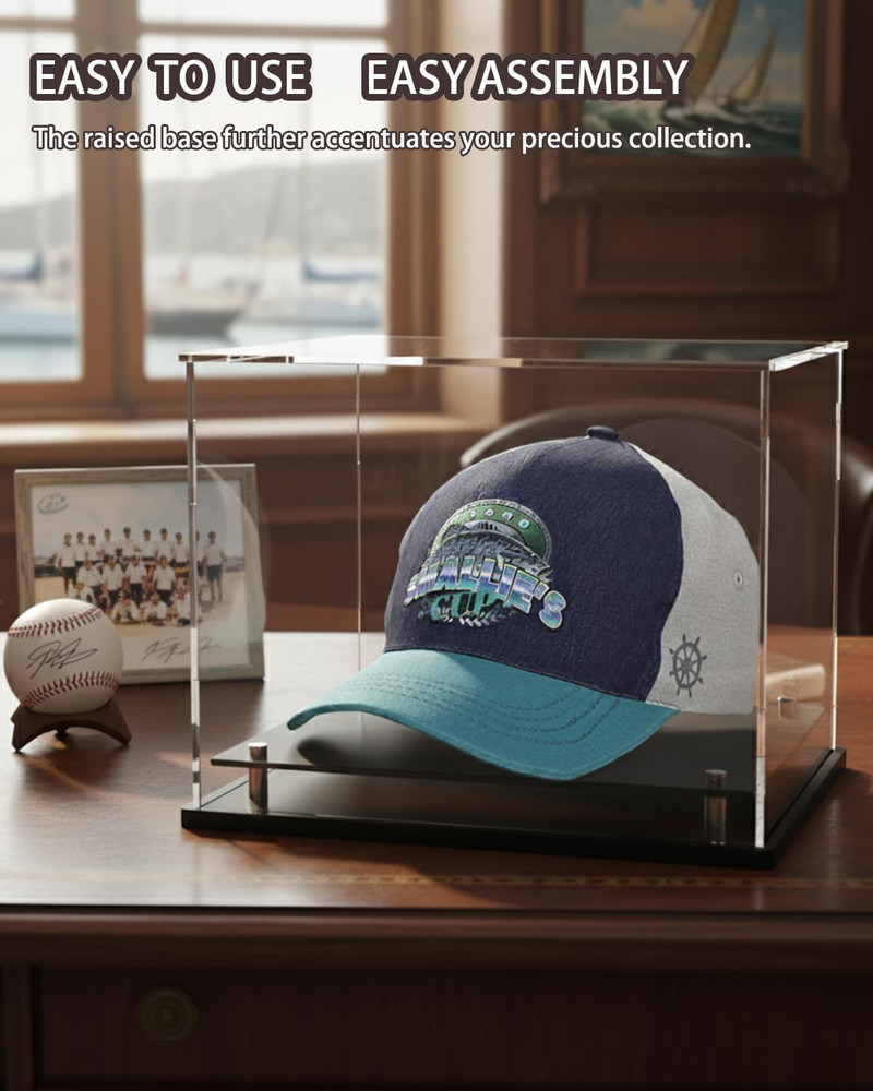 Clear Acrylic Hat Display Case Baseball Cap Helmet Stand Metal Base