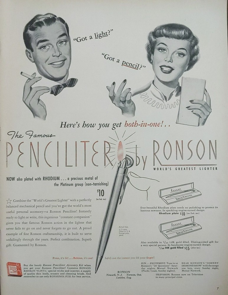 1949 Ronson print ad. Pencil lighter, Unique, Retro