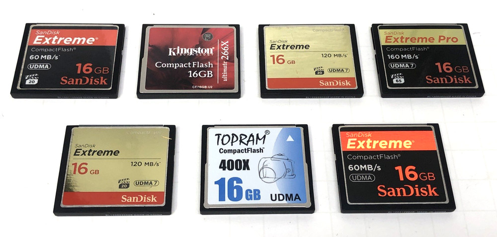 SEVEN ASSORTED 16GB COMPACT FLASH MEMORY CARDS